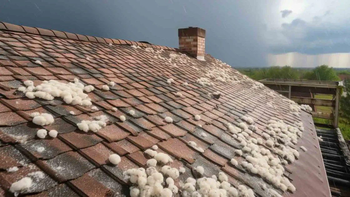 Hailstones in a hand with a Colorado roof in the background